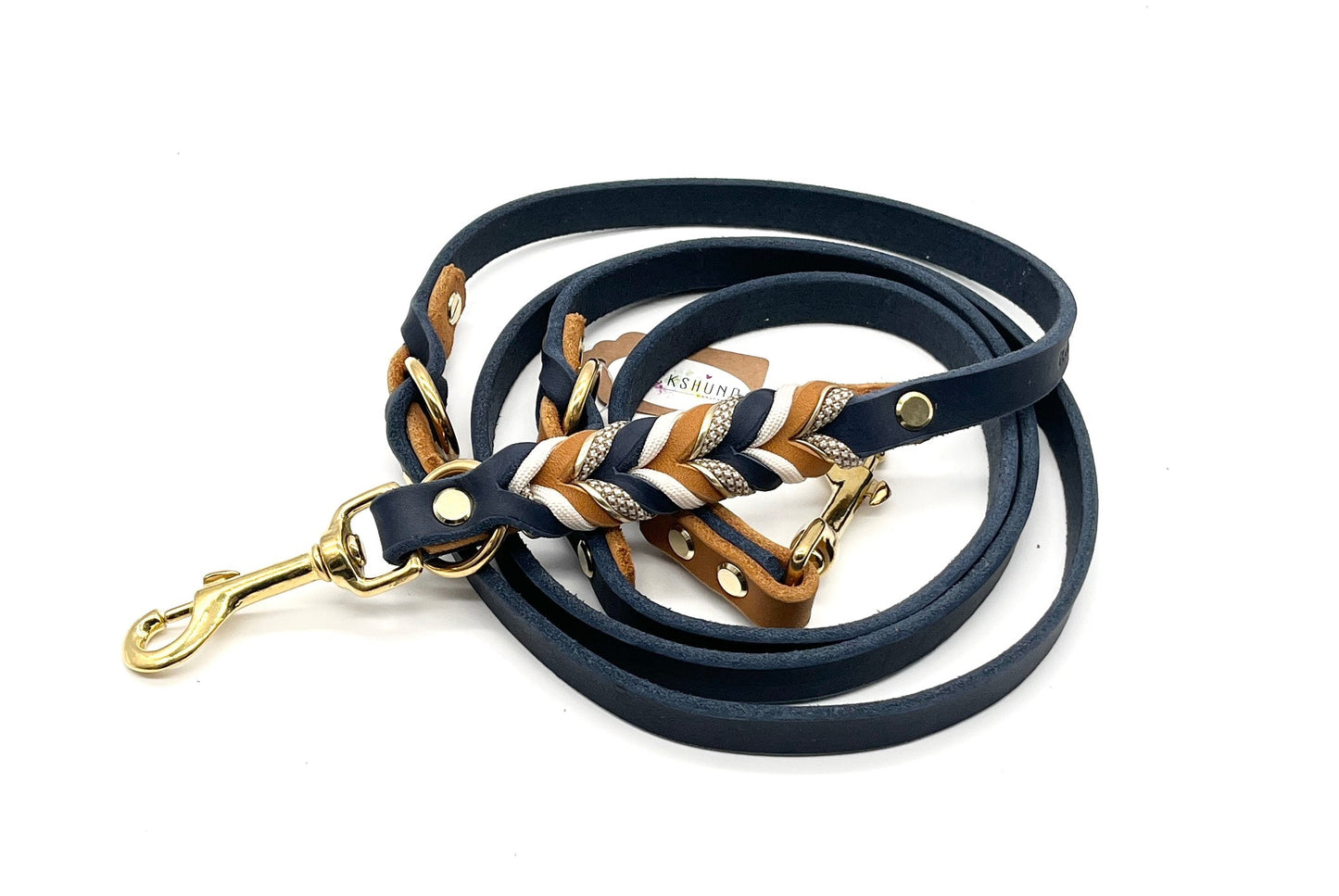 Führleine Fettleder geflochten mit Paracord Cognac Blau Messing