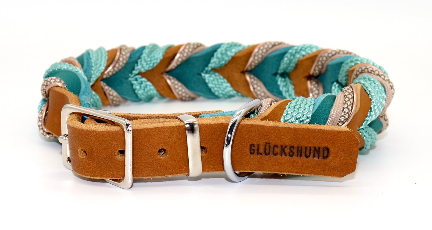 Hundehalsband Leder Cognac, Petrol Türkis