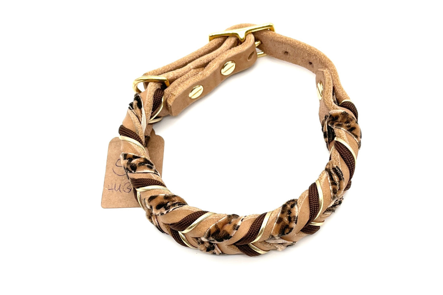 Hundehalsband Leder geflochten beige mit LEO Detail