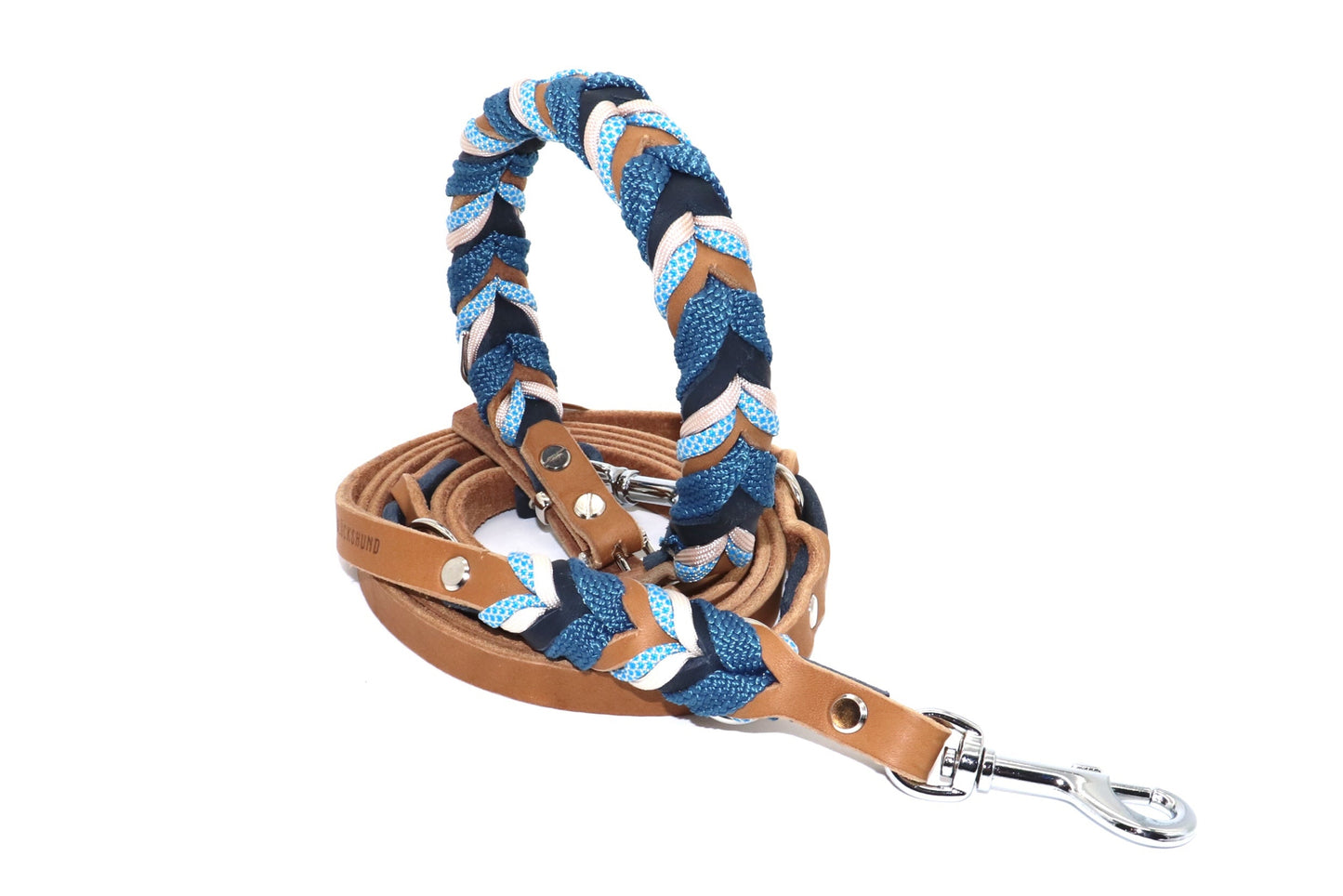 Fettlederhalsband geflochten mit Tau und Paracord Farbe Blau und beige
