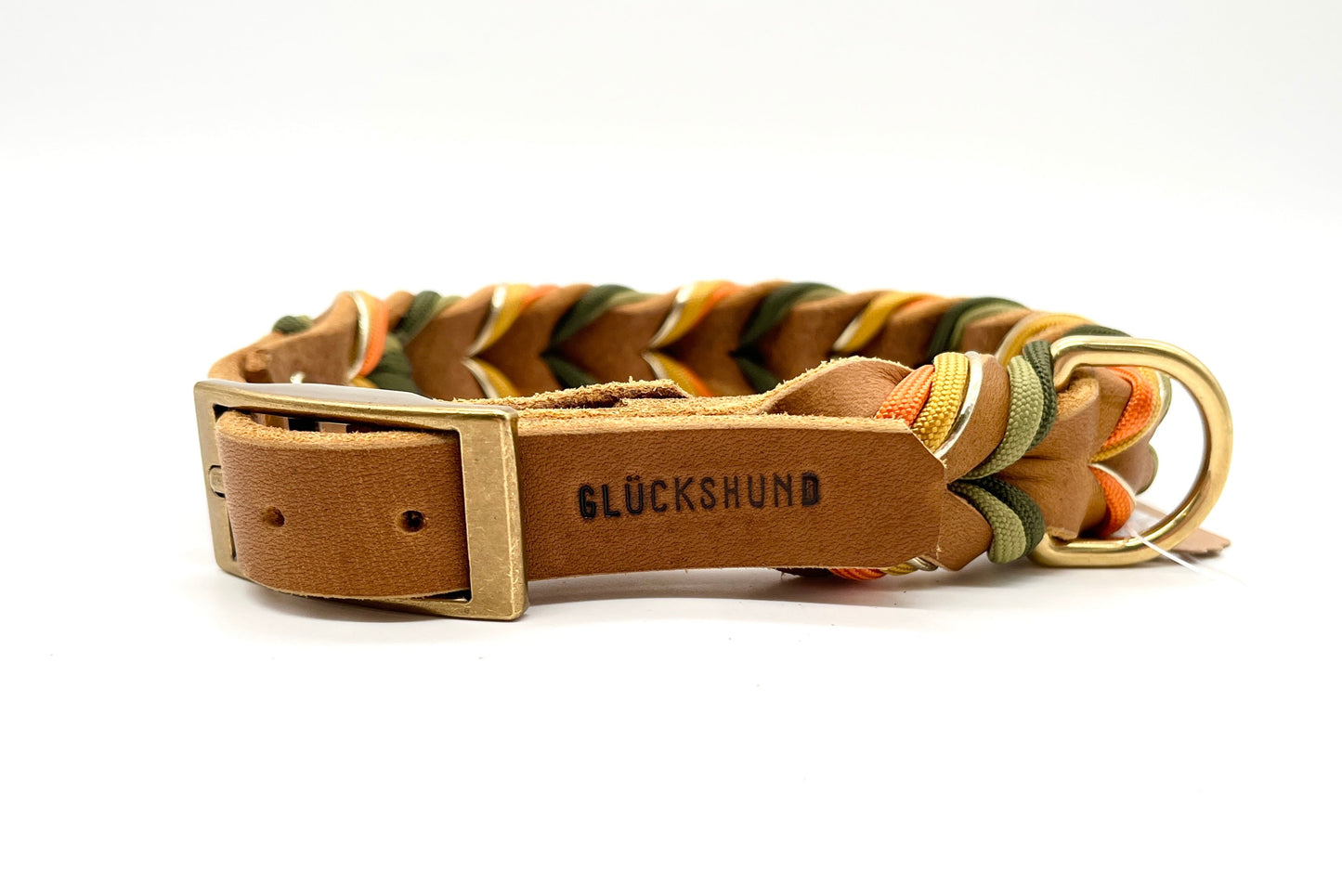 Hundehalsband Fettleder verstellbar Cognac geflochten mit Paracord