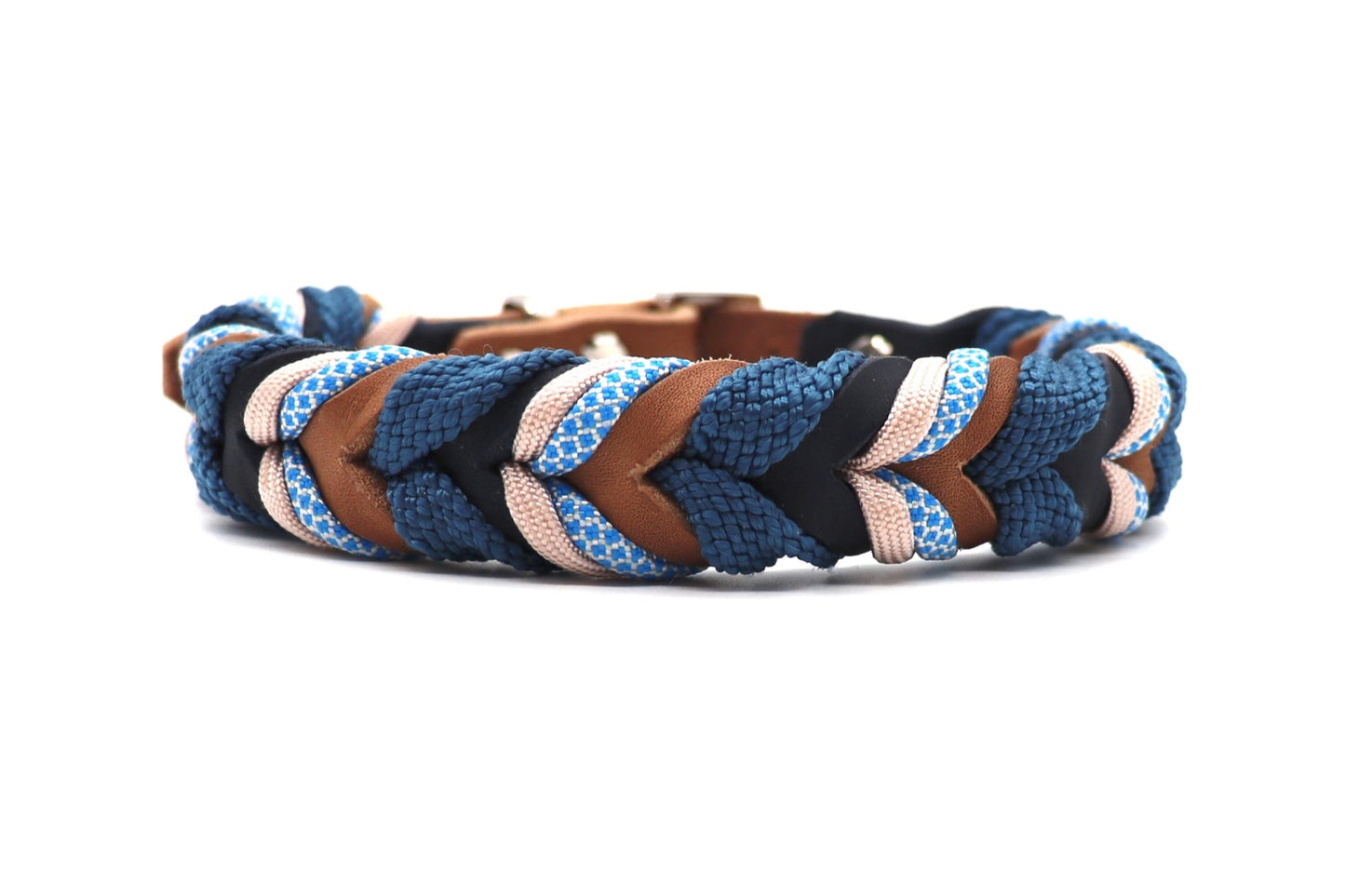Fettlederhalsband geflochten mit Tau und Paracord Farbe Blau und Sand