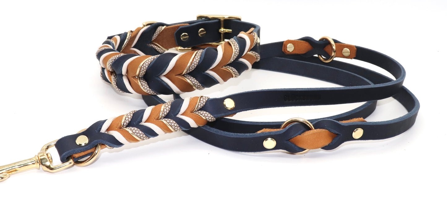 Hundehalsband und Leinenset Leder cognac