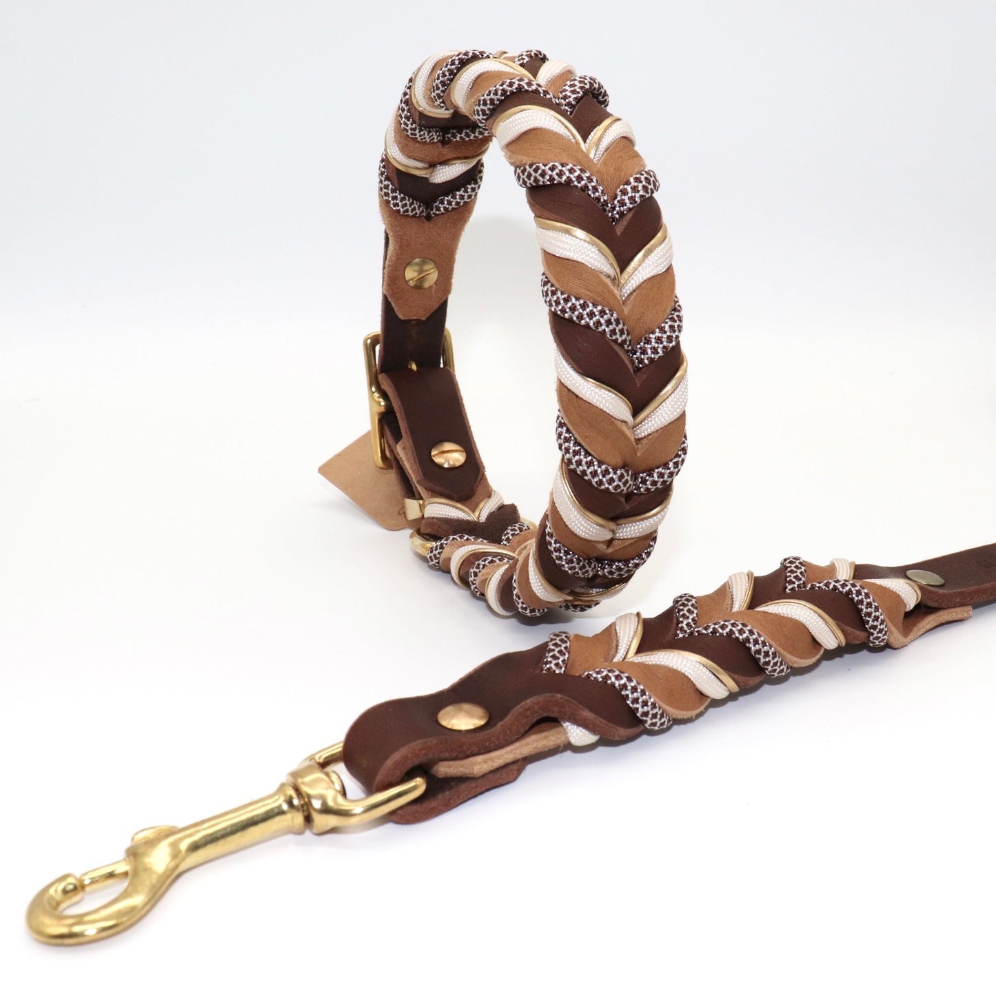 Halsband & Leinenset Fettleder geflochten Braun & Cognac