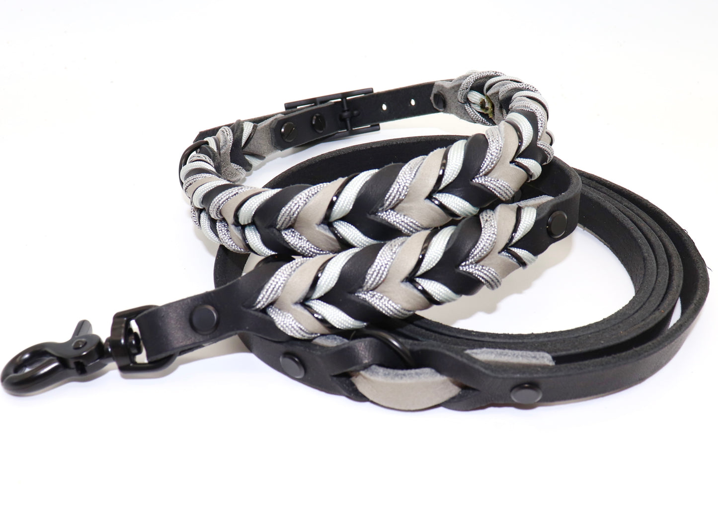Leder Hundehalsband und Leinenset Grau-Schwarz