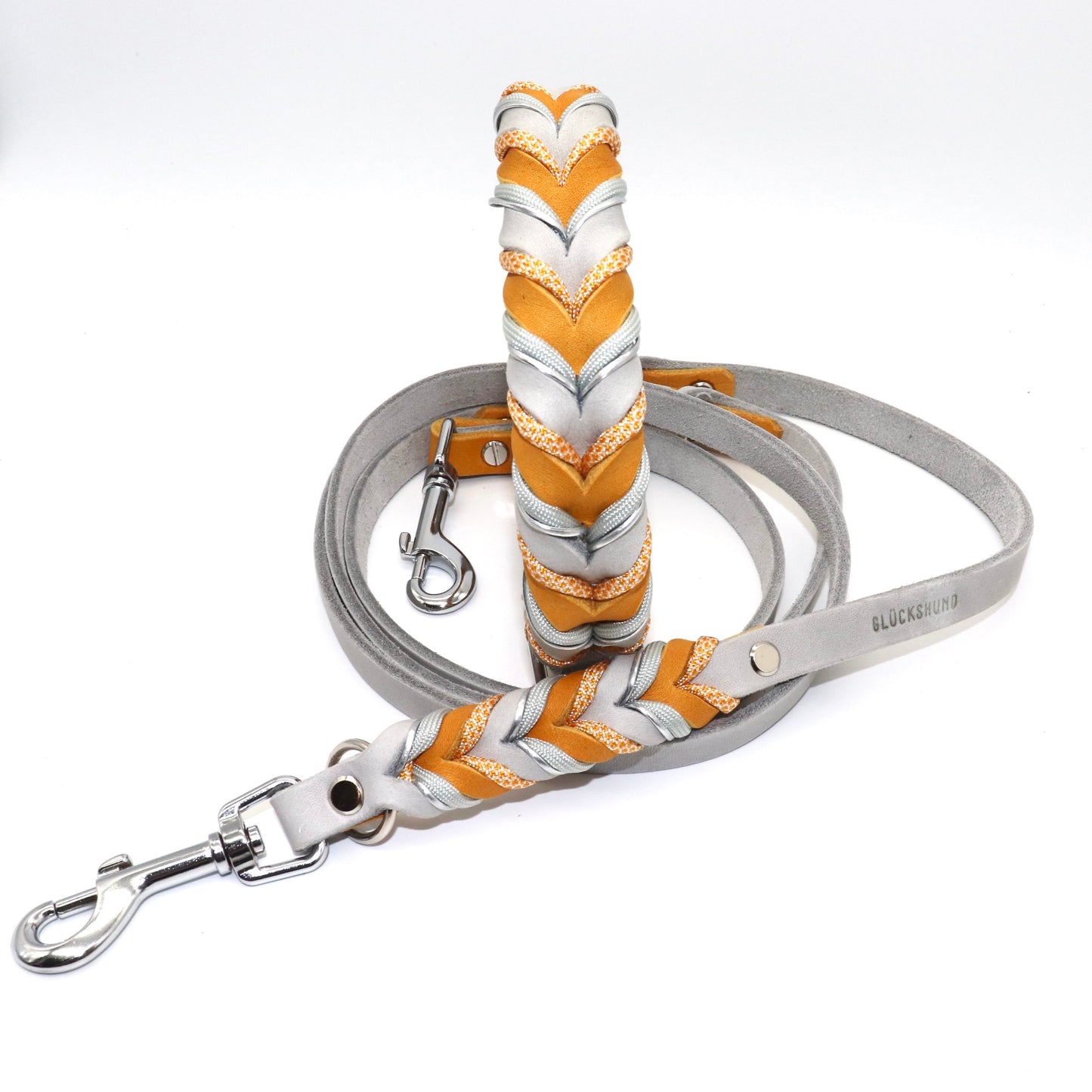Halsband und Leinenset Fettleder Grau Curry