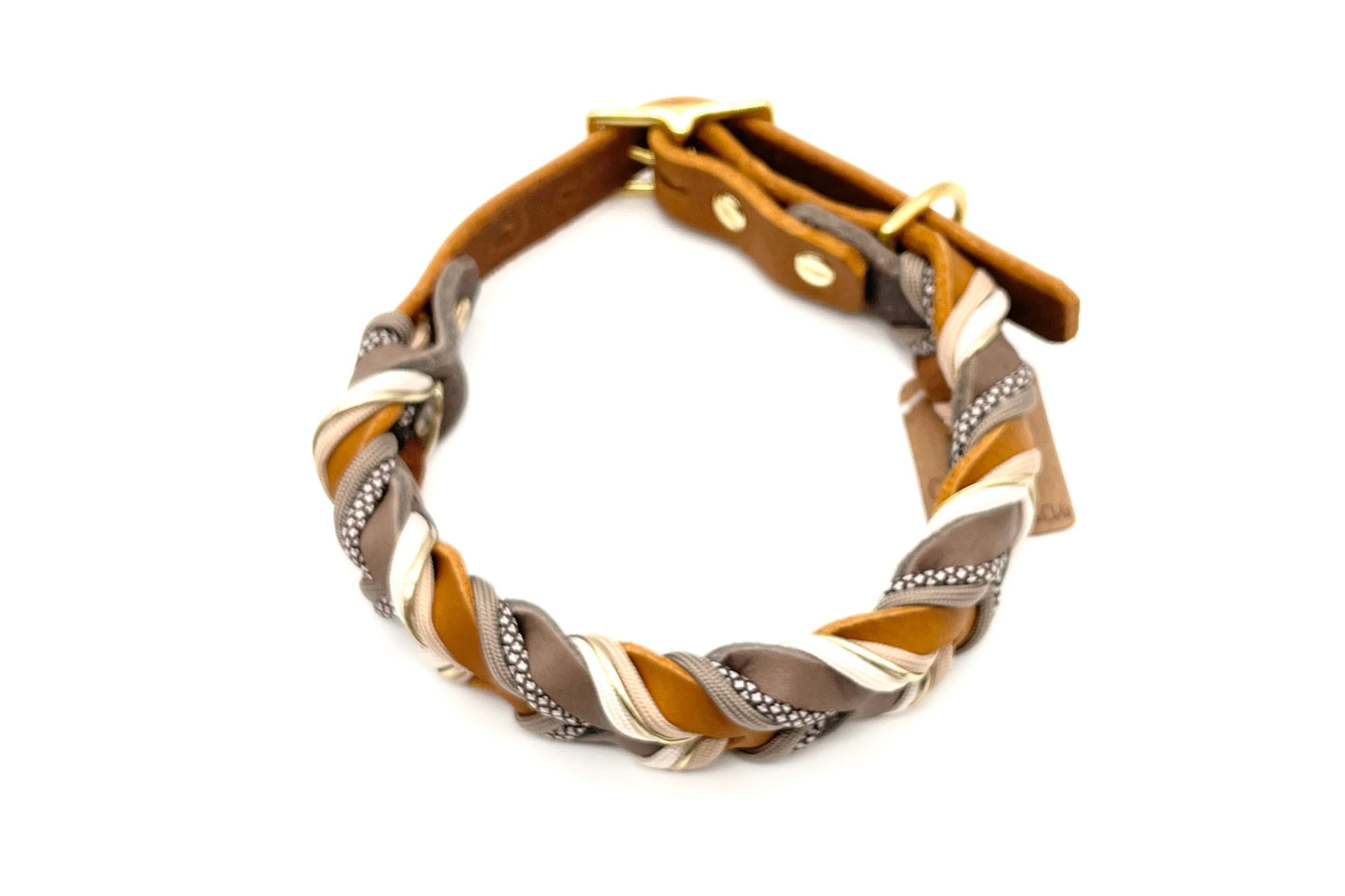 Hundehalsband Fettleder geflochten Sofortkauf Taupe Cognac mit Paracord