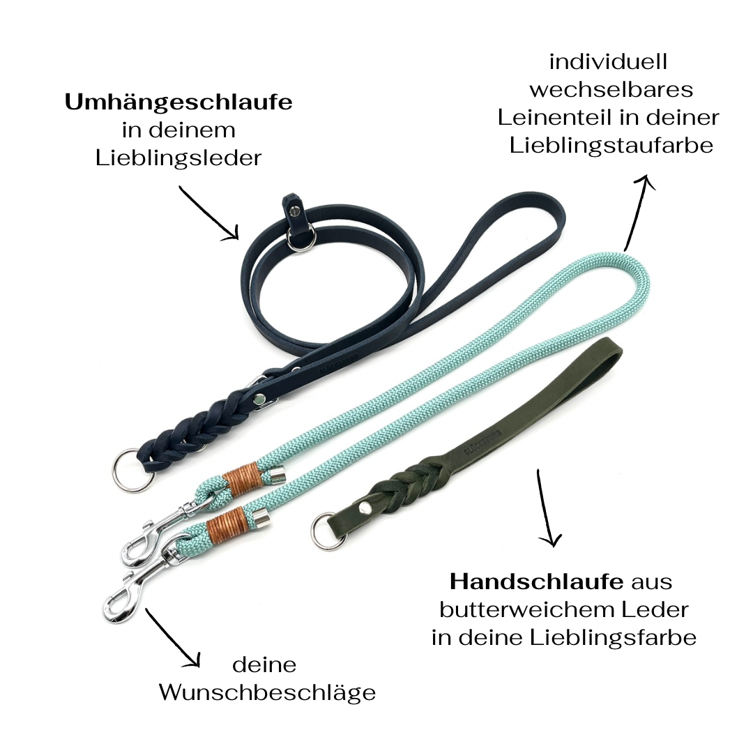Multifunktionale Leine aus Leder und Tau im Set | Kurzführer & Umhängeleine