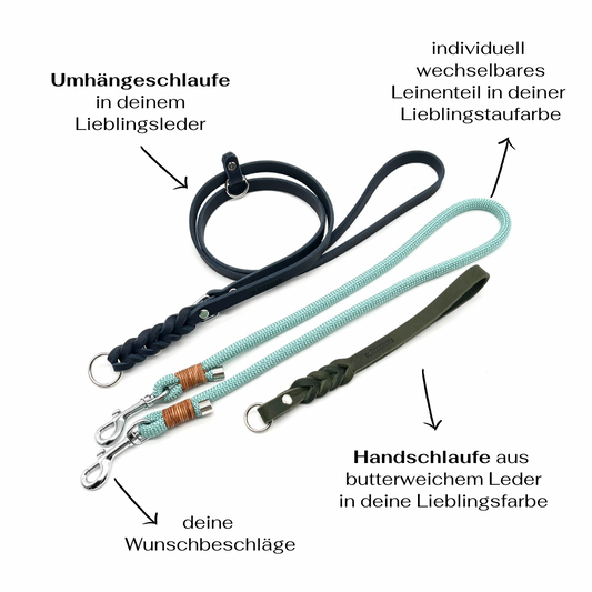 Multifunktionale Leine aus Leder und Tau im Set | Kurzführer & Umhängeleine