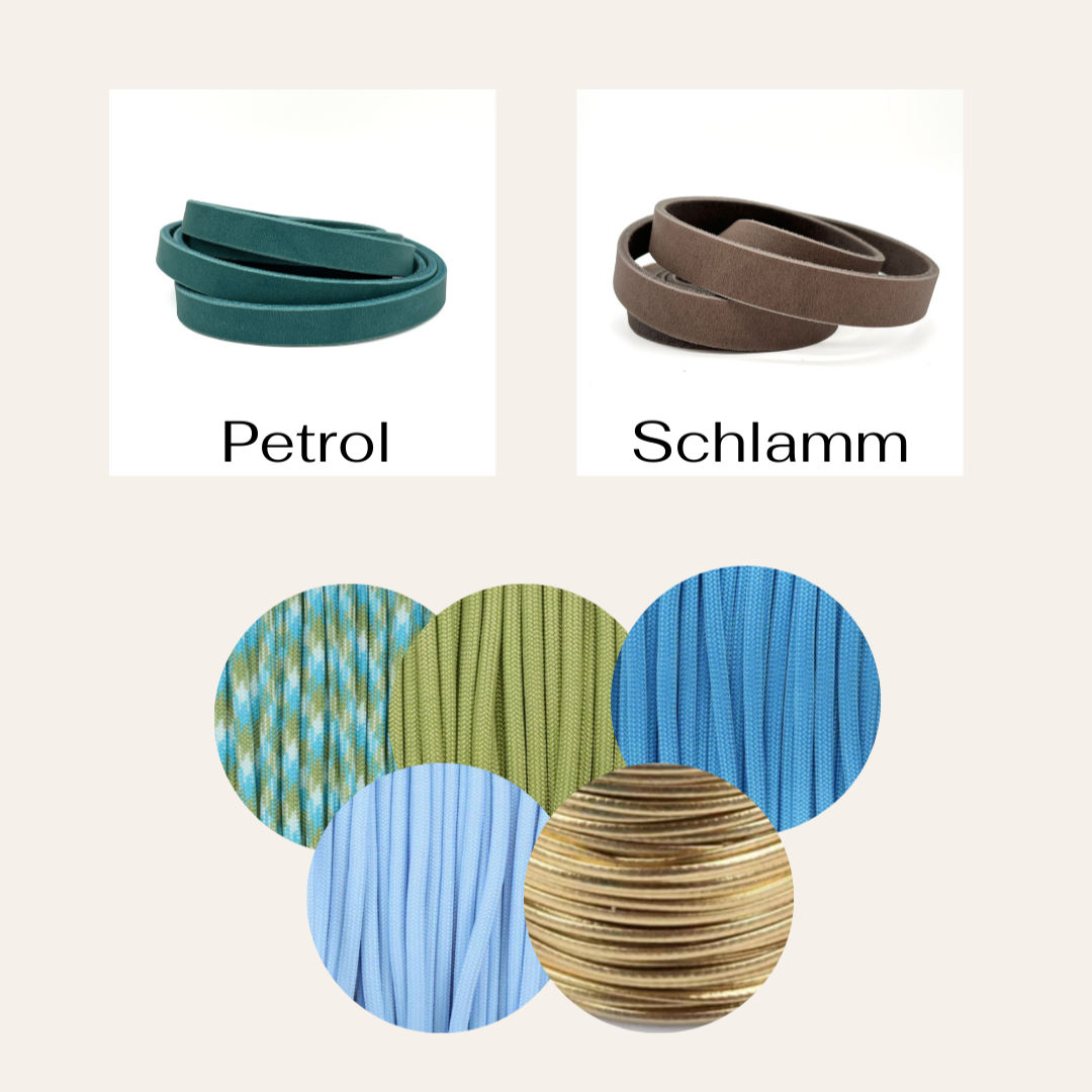 Fettlederhalsband geflochten Taupe Petrol Blau
