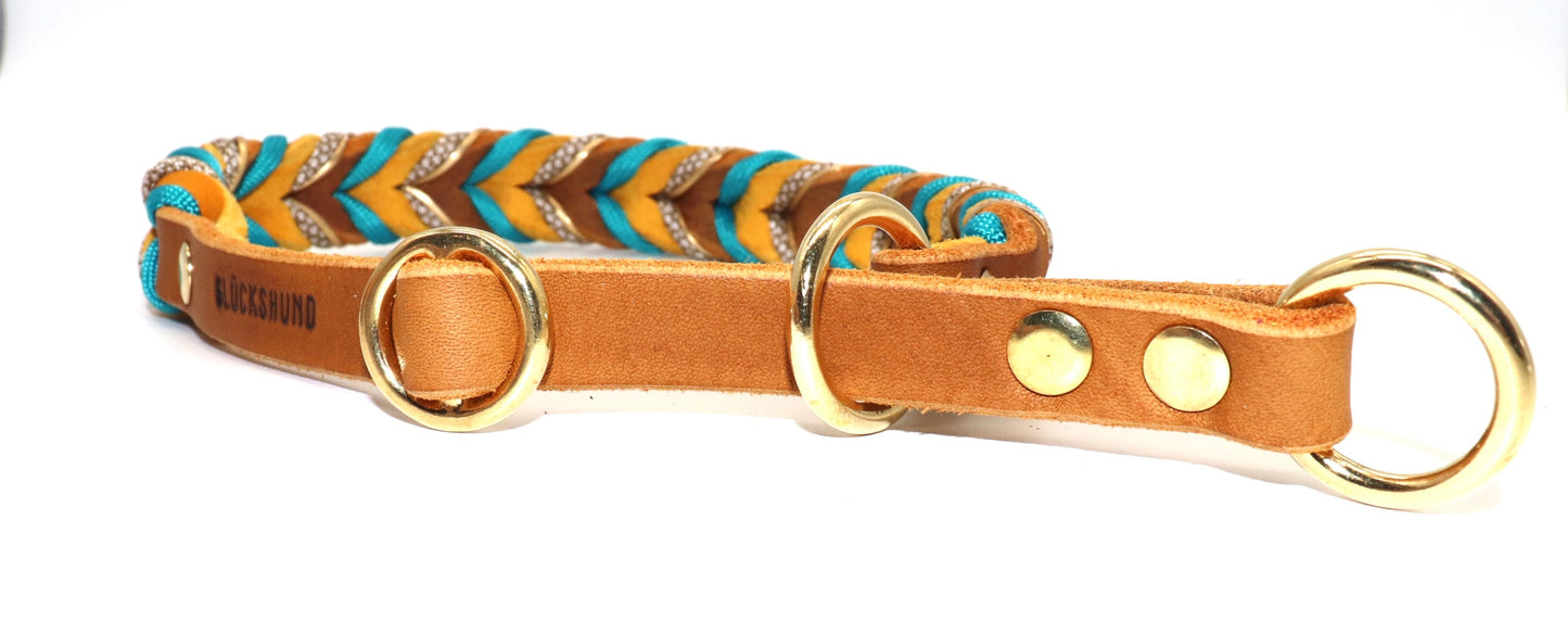 Zugstopphalsband Leder Cognac Türkis