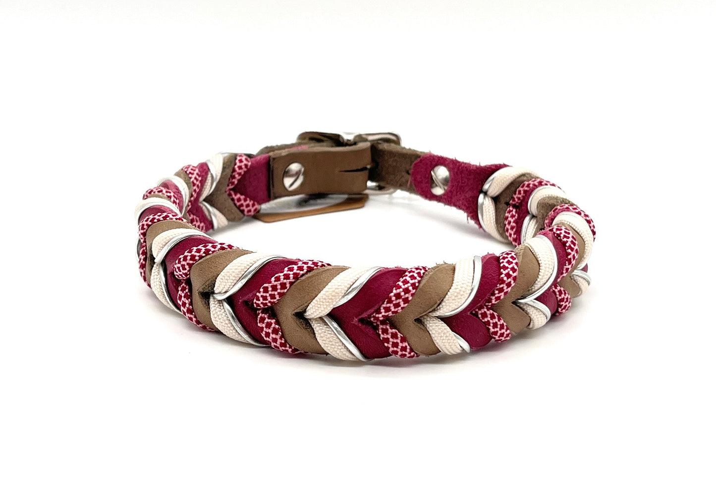Hundehalsband Leder Fettleder geflochten mit Paracord Taupe Beere