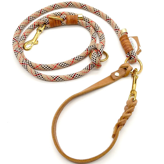 Hundeleine Tau Beige kariert mit weicher Lederhandschlaufe 