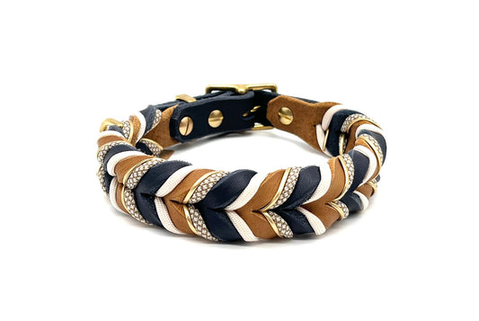 Fettlederhalsband mit Paracord Dunkelblau Cognac