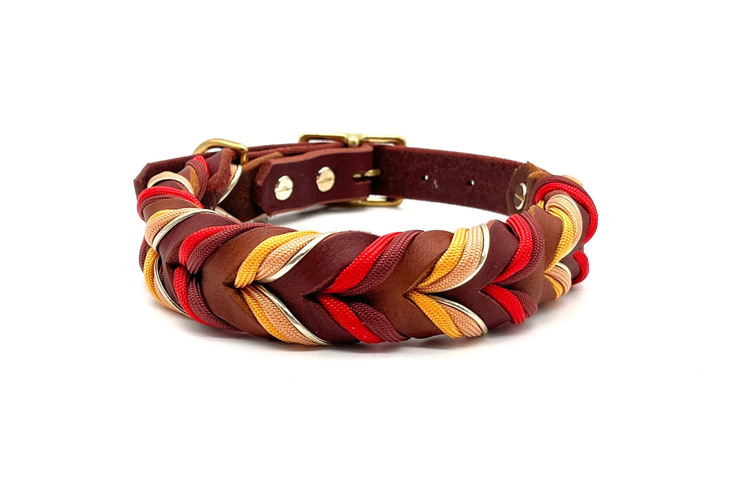 verstellbares Fettlederhalsband Hund geflochten mit Paracord Rost