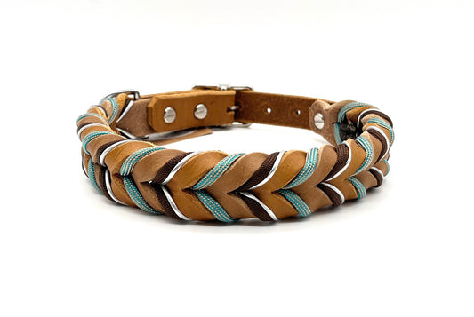 geflochtenes Hundehalsband Leder mit Paracord Cognac mint Petrol