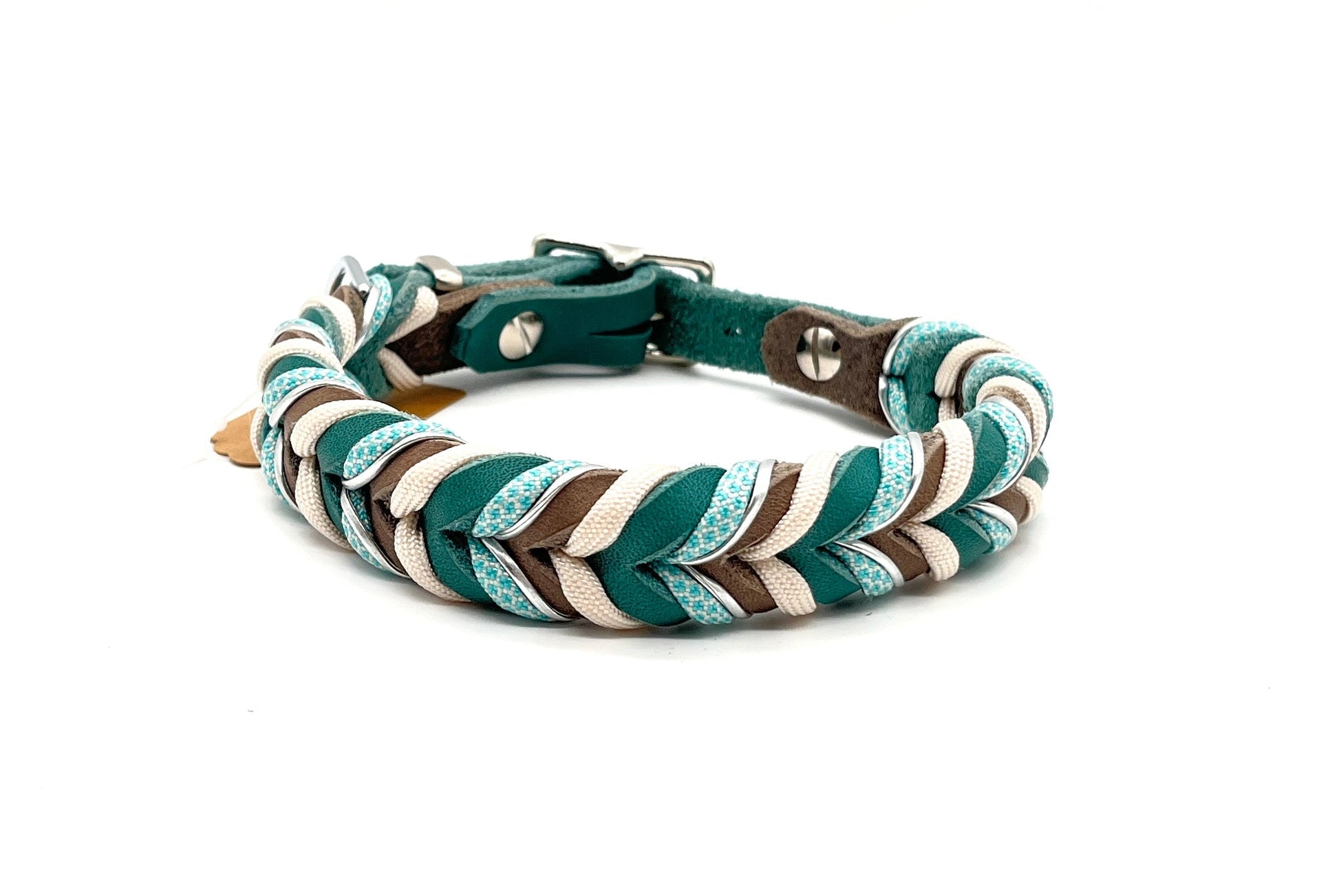 verstellbares Lederhalsband geflochten Taupe Petrol Türkis