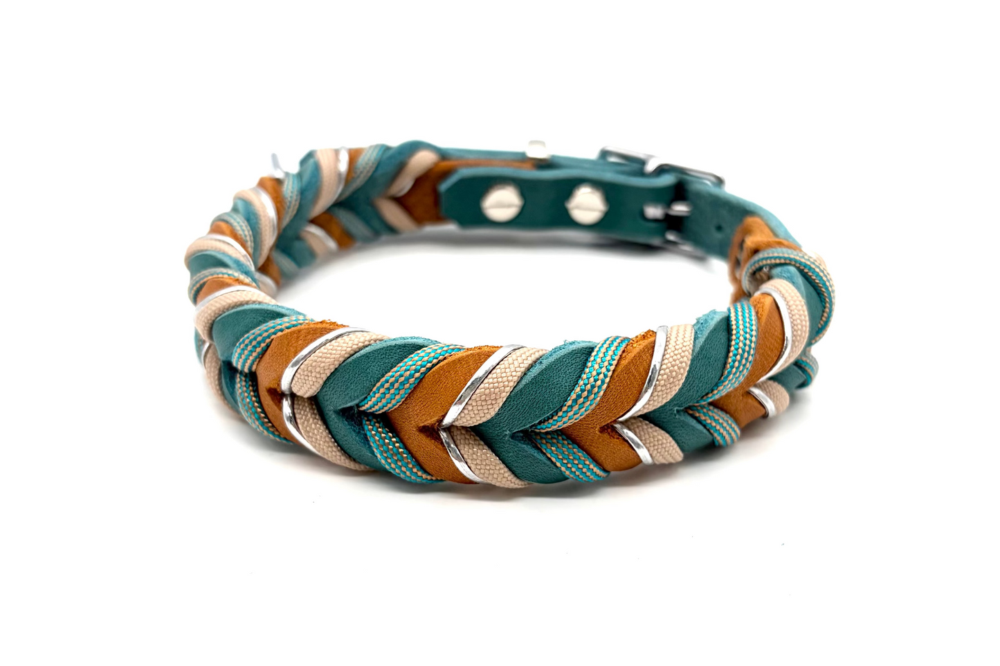 geflochtenes Lederhalsband Cognac Petrol mit Paracord