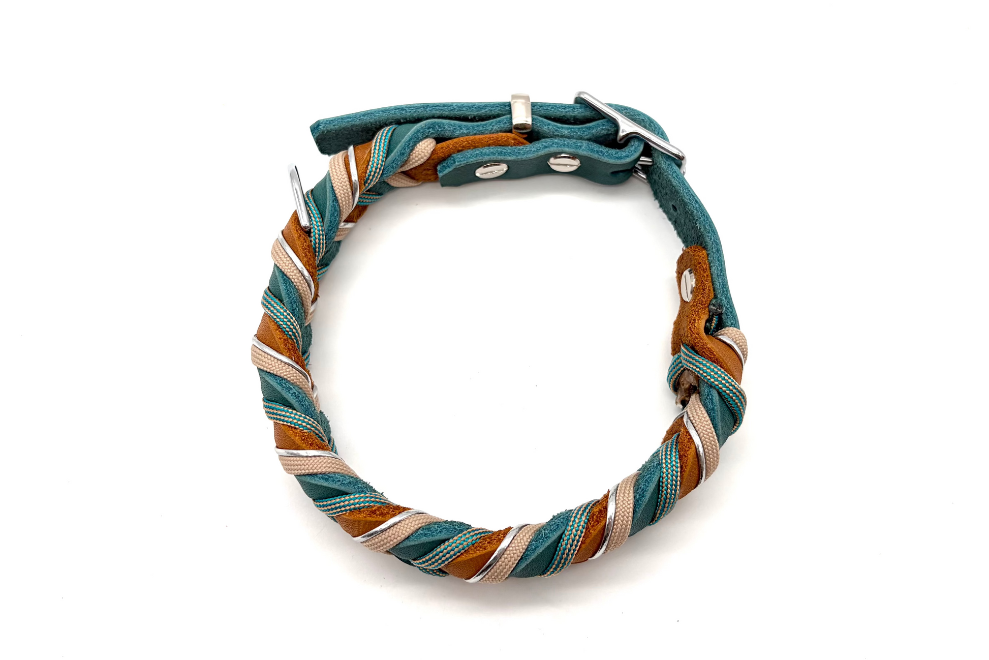 geflochtenes Lederhalsband verstellbar Petrol mit Cognac