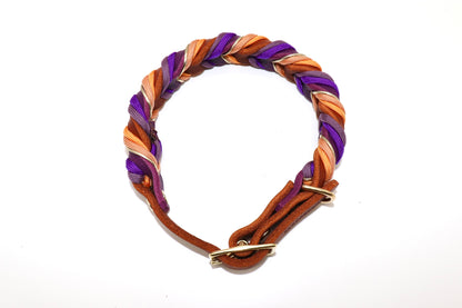 Halsband Leder geflochten verstellbar  braun mit Paracord in Violett und Orange
