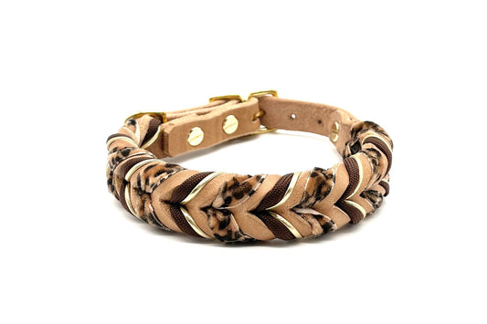 Hundehalsband Leder geflochten beige mit LEO Detail