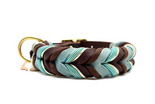 Hundehalsband Leder geflochten Braun & Blau