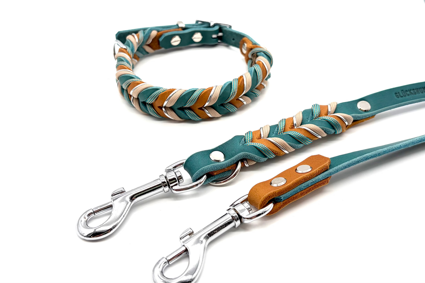 Fettleder Halsband  geflochten und Leine Petrol und Cognac