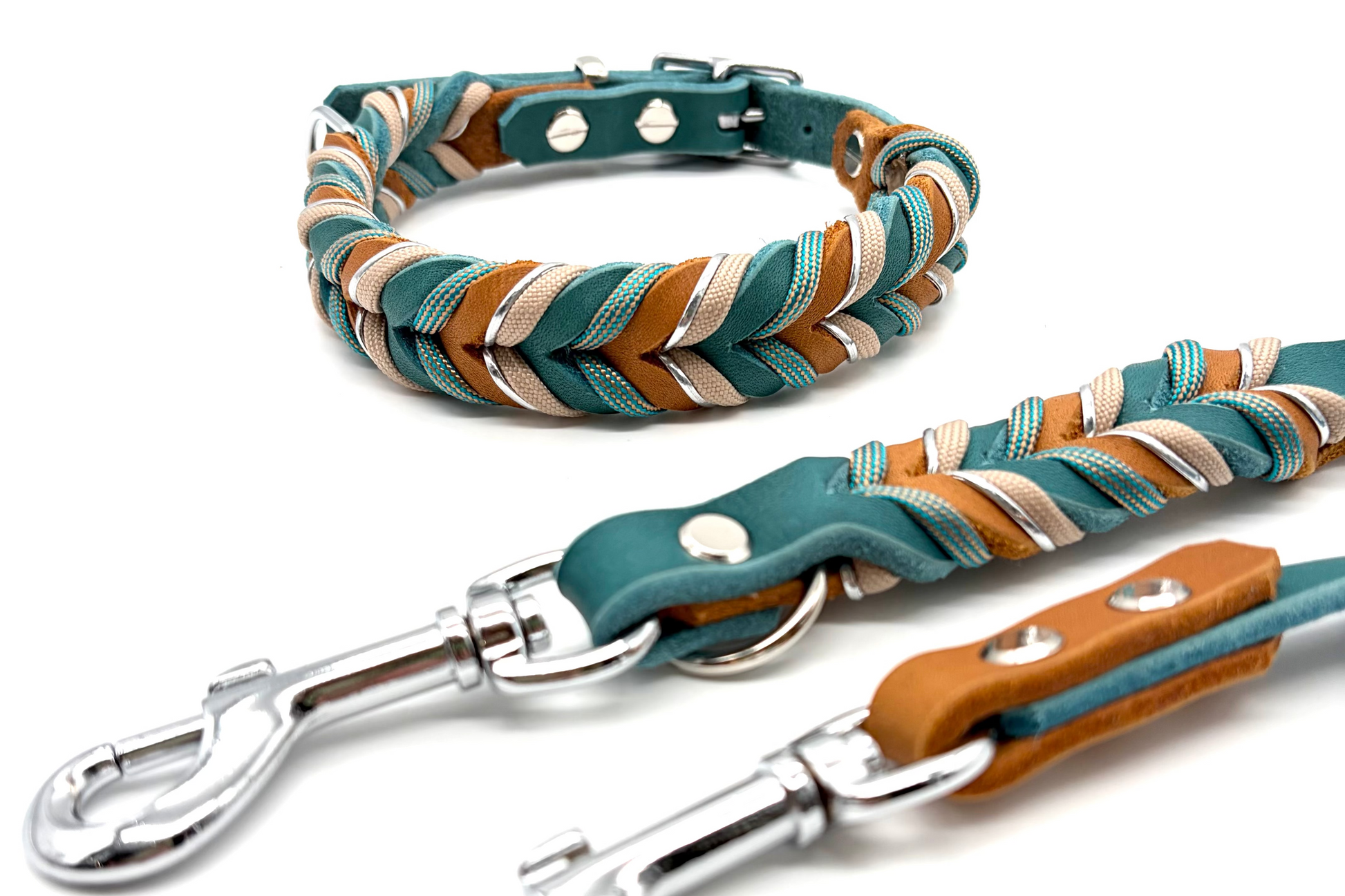 Lederhalsband geflochten und Leine Petrol und Cognac
