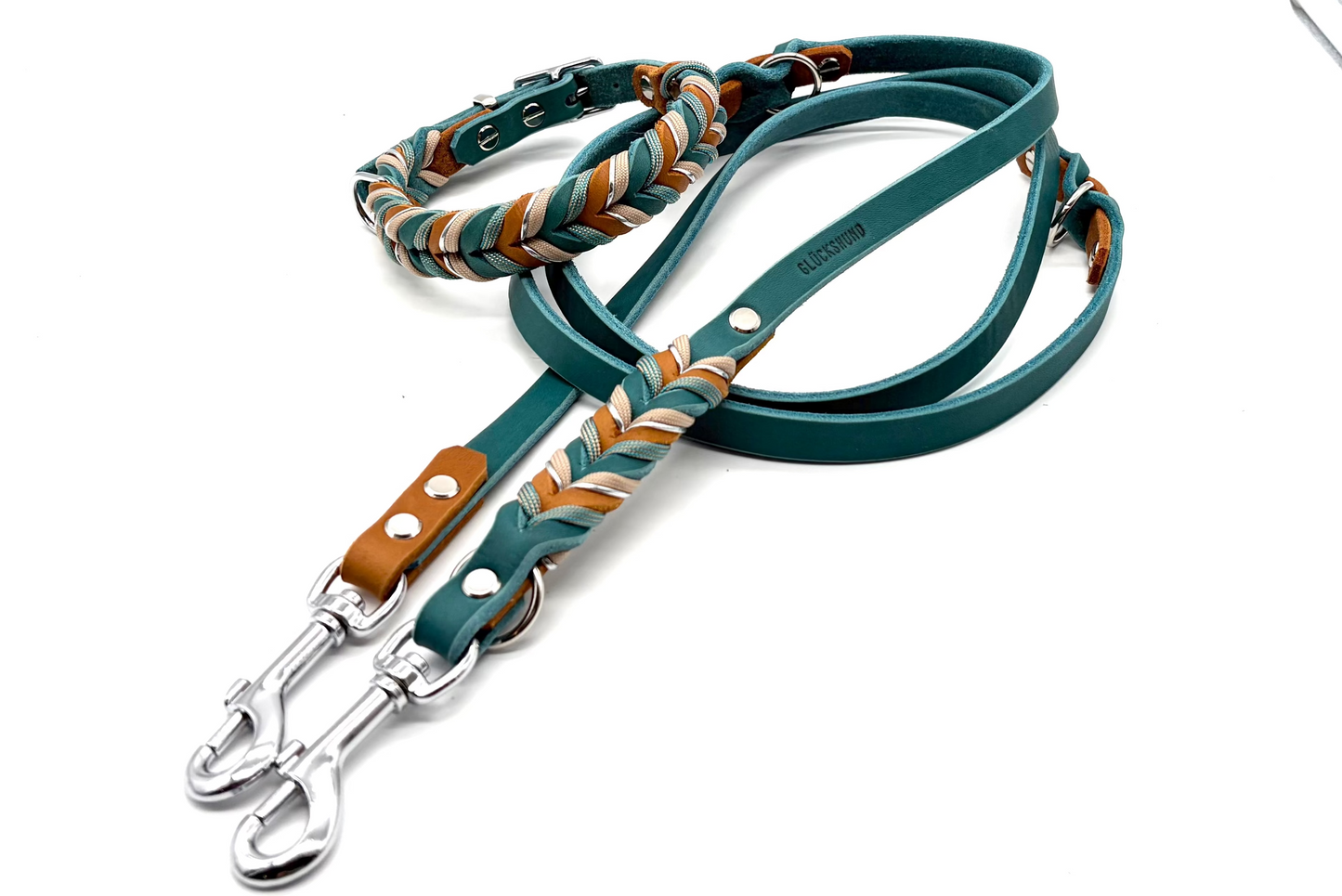 Hundehalsband Leder und Lederleine Petrol mit Cognac geflochten und 