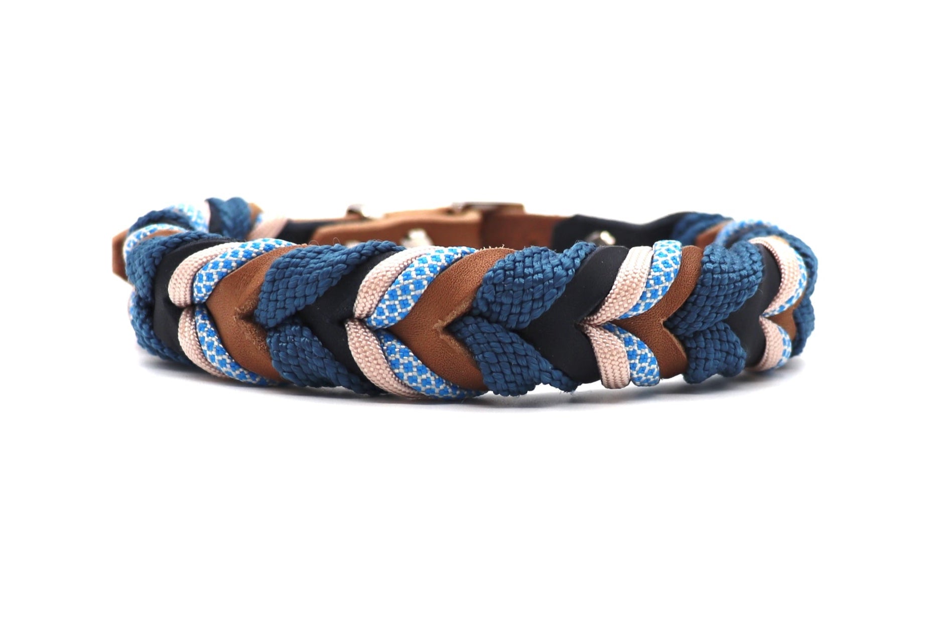 Fettlederhalsband geflochten mit Tau und Paracord Farbe Blau und Sand