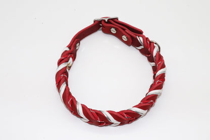 Fettlederhalsband geflochten Rot und Silber