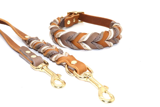 Lederhalsband Hund in Taupe und Cognac