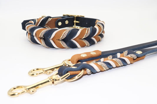 Lederhalsband Hund Cognac und Blau