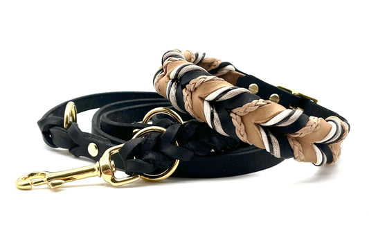 edles Hundehalsband und Leinenset aus Leder Schwarz Cognac Braun