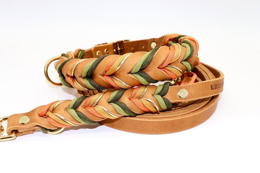 Halsband und Leine Fettleder Cognac mit Paracord grün gelb orange