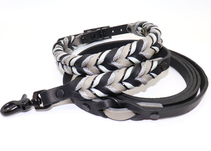 Leder Hundehalsband und Leinenset Grau-Schwarz