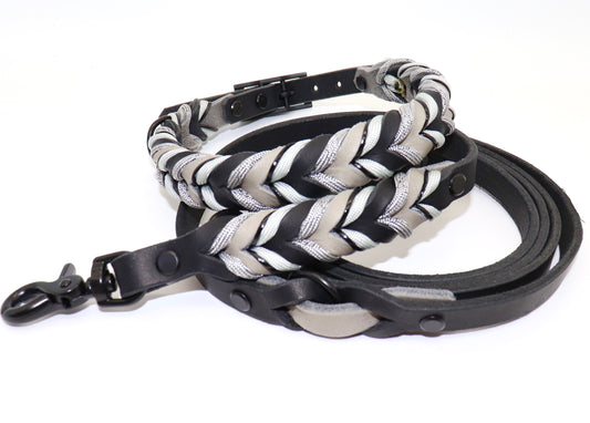 Leder Hundehalsband und Leinenset Grau-Schwarz