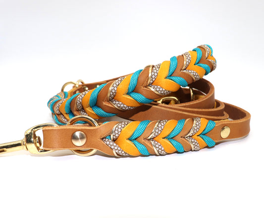 Fettleder Halsband und Leinenset Cognac Gelb Türkis