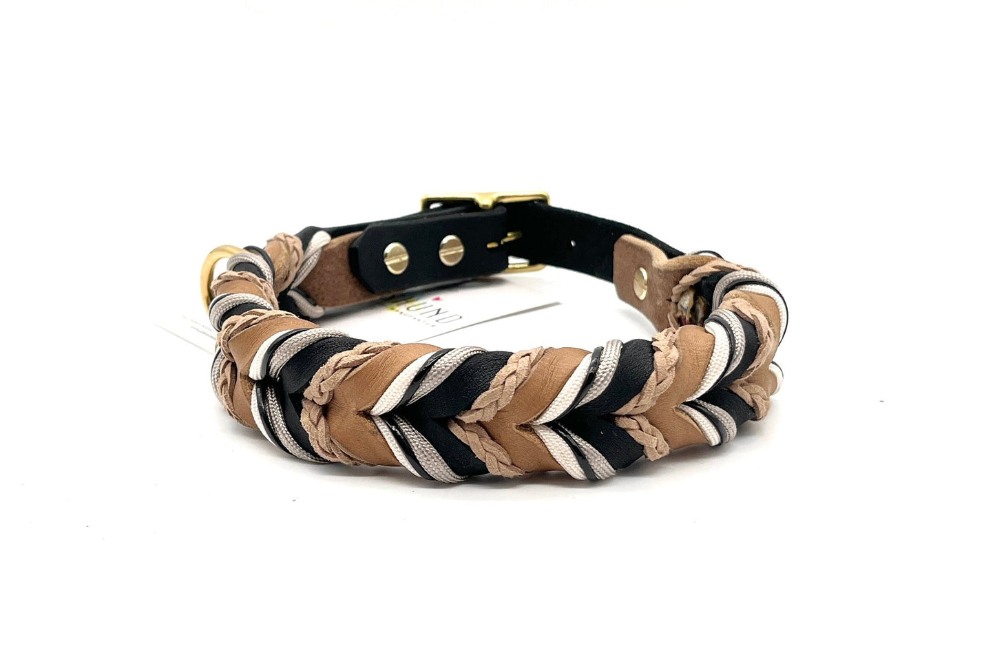Fettlederhalsband geflochten mit Paracord verstellbar Beige Schwarz