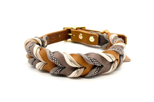 Hundehalsband Fettleder geflochten Sofortkauf Taupe Cognac mit Paracord