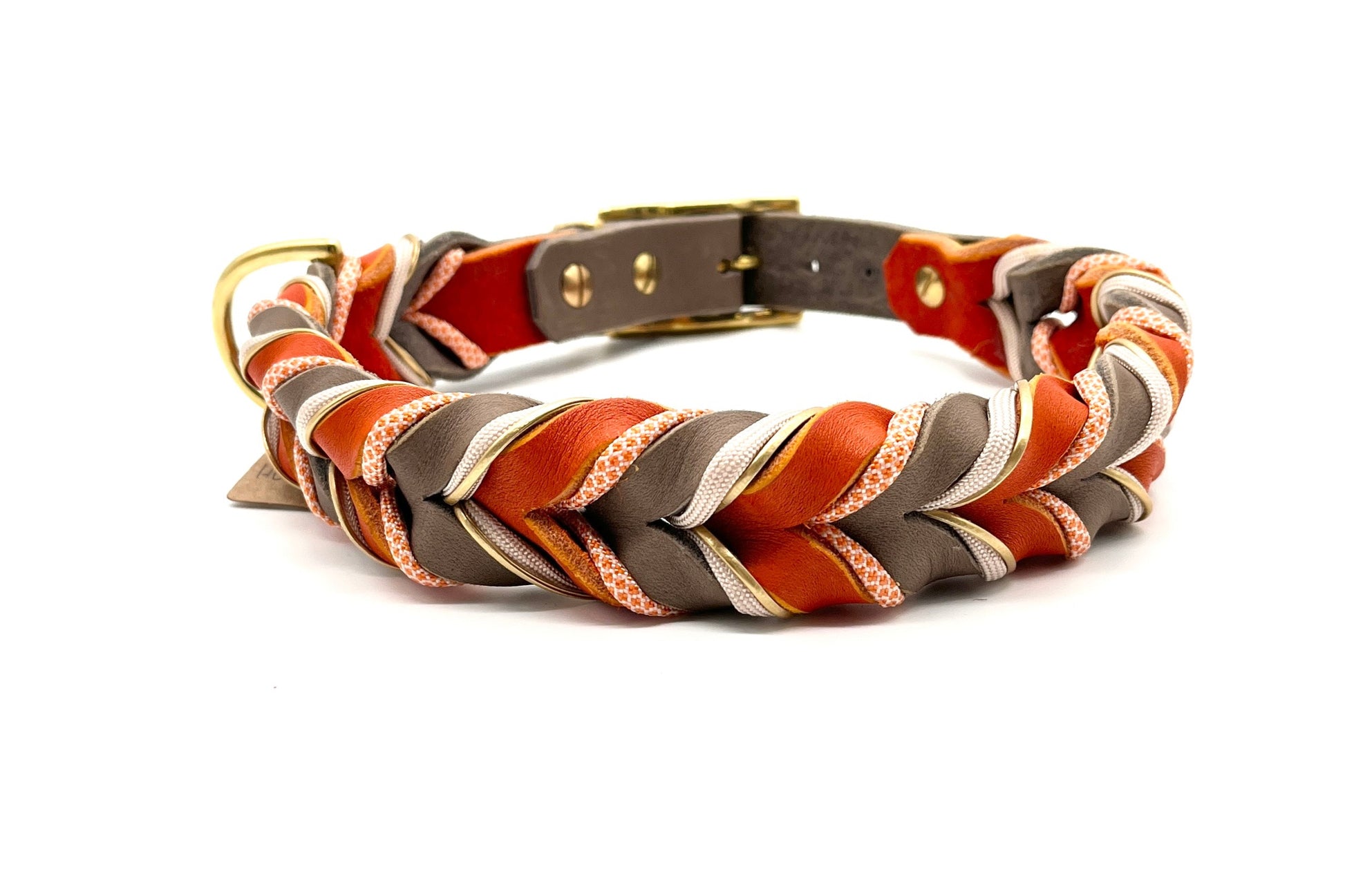 Hundehalsband Fettleder geflochten SOfortkauf Taupe Orange