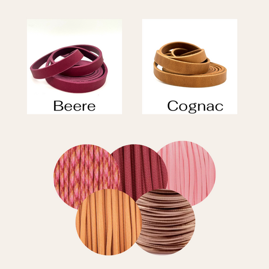 Fettleder Halsband und Leine geflochten mit Paracord in Cognac und Beere